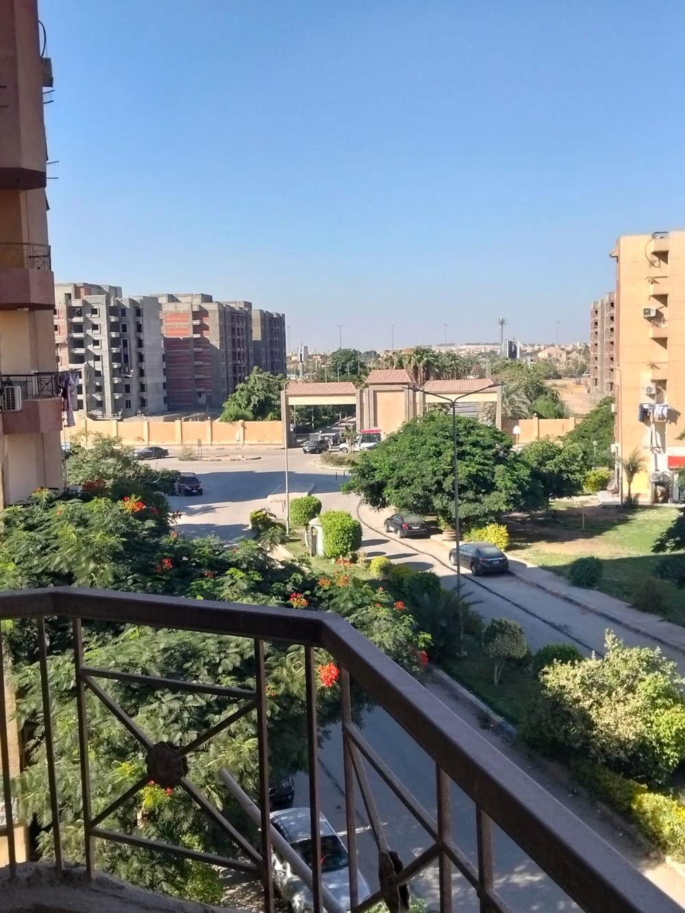إطلالة من بلكونة شقة على مدخل مدينة الفردوس والشوارع المشجّرة